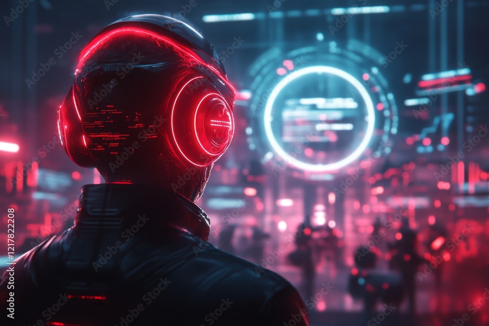 Poster a neon-lit cyberpunk stock market with traders interacting with holographic screens and glowing grap