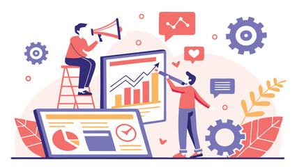 Digital Marketing Professional Analyzing Graphs with Social Media Icons and Creative Tools in a Vibrant and Modern Vector Illustration for Online Campaigns and Business Branding