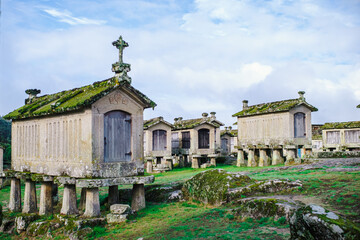 Fototapeta premium Traditonal Espigueiros, Granaries in Lindoso. Peneda Geres National Park, Minho Province. Northern Portugal