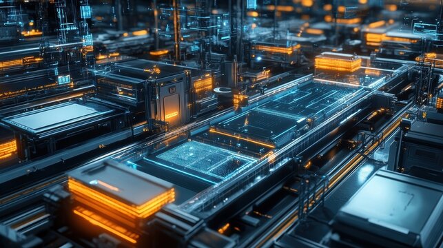 An intricate setup of conveyor belts moving components between distinct workstations with precise alignment for efficient workflow and minimal downtime.