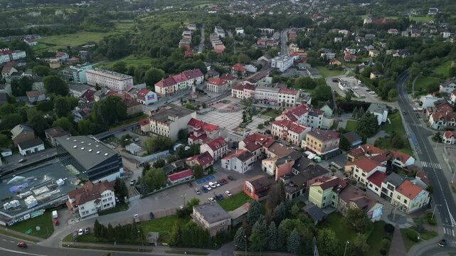 Trzebinia, Lesser Poland, Poland - 20 July 2024: aerial view of town centre and town square of Trzebinia