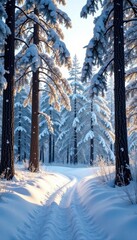 Frosty forest with frosty tree trunks and branches, frosty, frosty trees