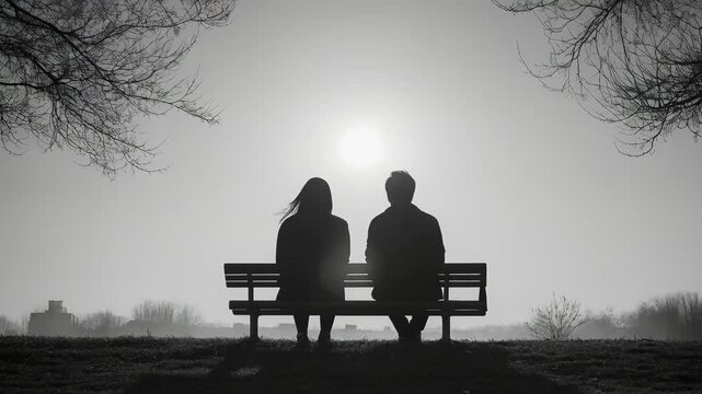 Man and woman sitting apart on bench, rear view, empty park with bare tree branches. Black and white concept of past love and failed relationships