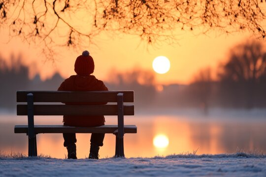 A person sitting alone on a park bench, staring at the ground with a dejected expression as the sun sets
