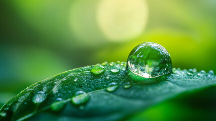 Close-up of a single water droplet on a green leaf with a fully blurred background, capturing nature's delicate beauty and tranquility
