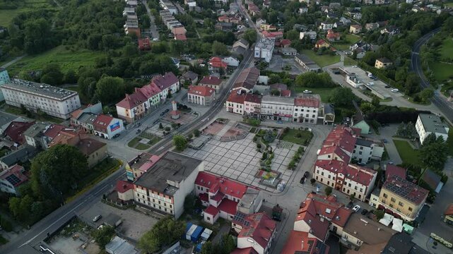 Trzebinia, Lesser Poland, Poland - 20 July 2024: aerial view of town square of Trzebinia