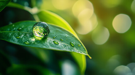 Close-up of a single water droplet on a green leaf with a fully blurred background, capturing nature's delicate beauty and tranquility