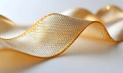 Elegant gold ribbon flowing gracefully with a soft and delicate appearance on white background