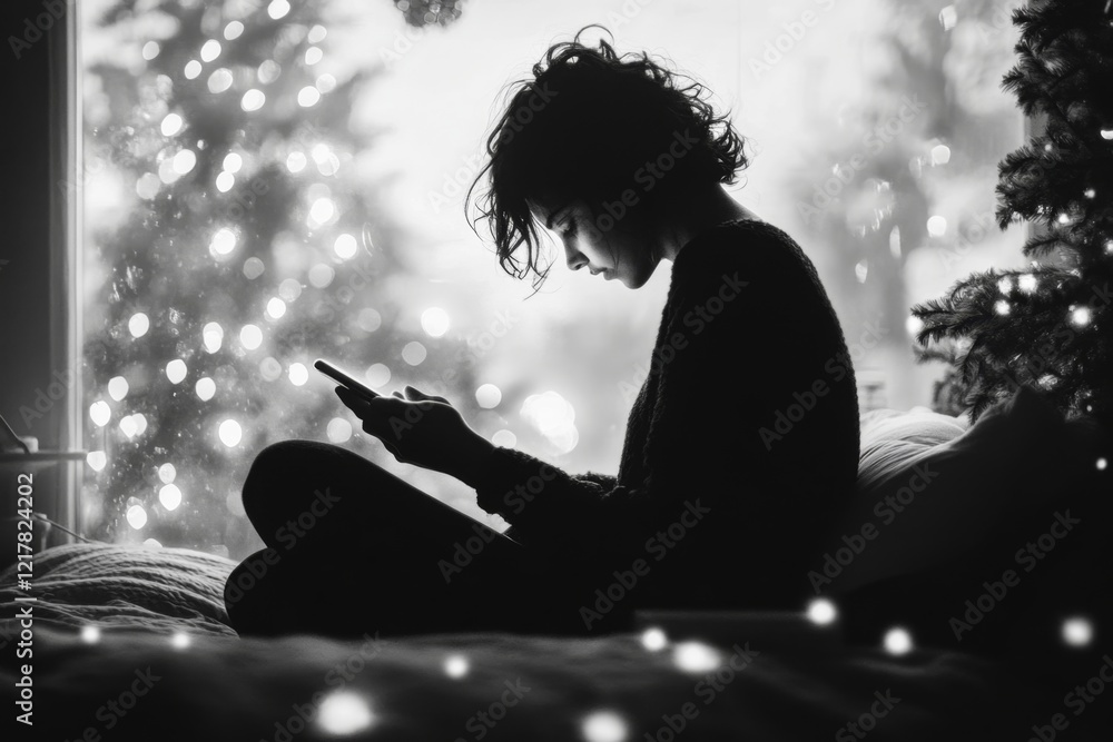 Poster a person sitting on the edge of their bed in a dark room, their face illuminated by the faint light 