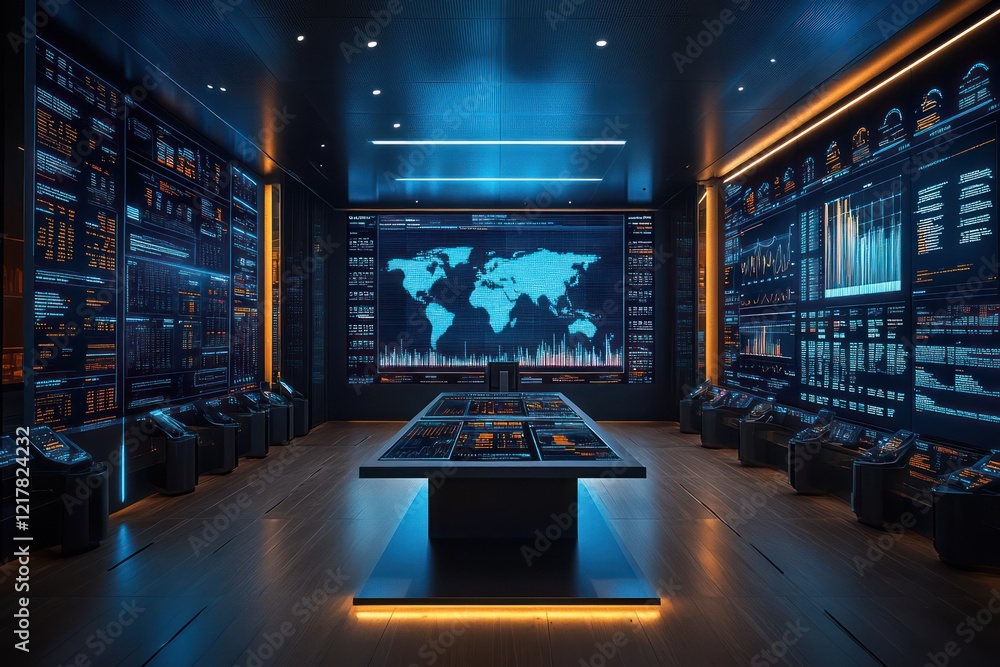 Poster global network control center: futuristic data visualization