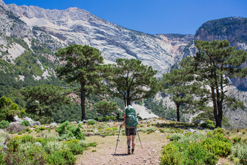 Naklejka premium Hiker walking along Lycian Way, carrying backpack and trekking poles, surrounded by lush greenery and majestic mountain scenery under clear blue sky