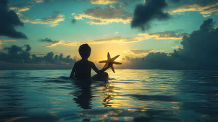 Fisherman’s Dream: Sitting in the Ocean, Holding a Starfish, Gazing at the Horizon with Wonder
