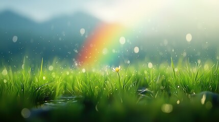 Obraz premium A grass field bathed in rainbow hues with water droplets scattered on the blades and a solitary flower in the foreground