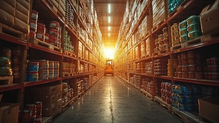 Fototapeta premium Warehouse aisle with stacked goods and forklift