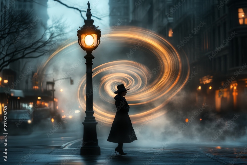 Poster a person standing under a single streetlamp in an empty city, nervously glancing at movement in the 