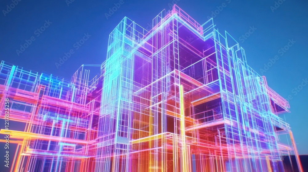 Poster complex neon colored wireframe structure resembling a modern building stands out against a vibrant b