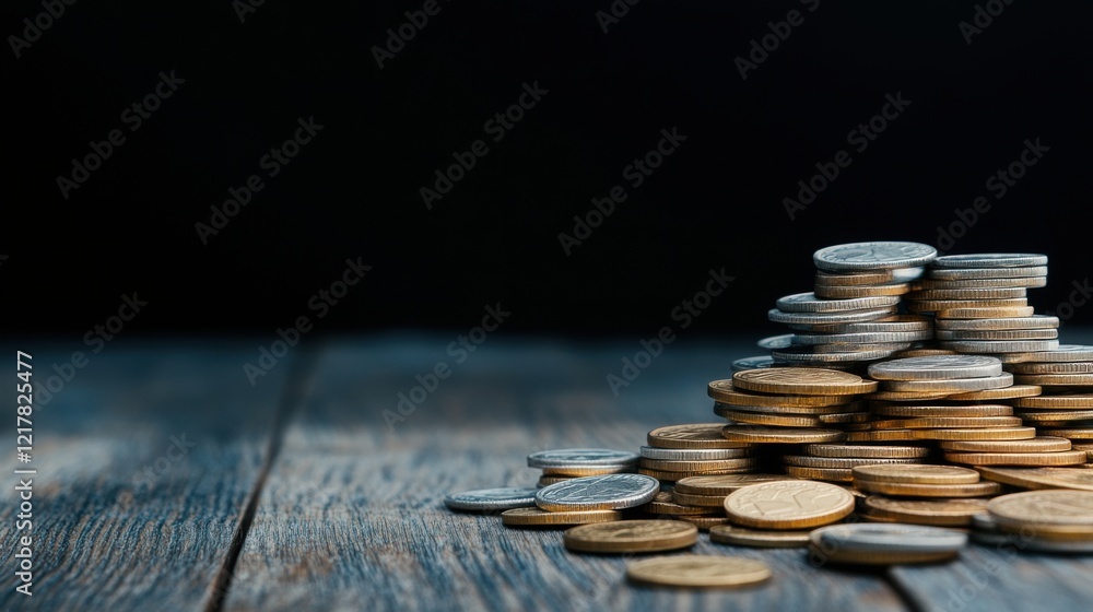 Poster pile of various coins stacked on a wooden surface with dark background highlighting currency wealth 