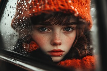 A person staring out of a window on a gray, rainy day, with their reflection faintly visible in the glass