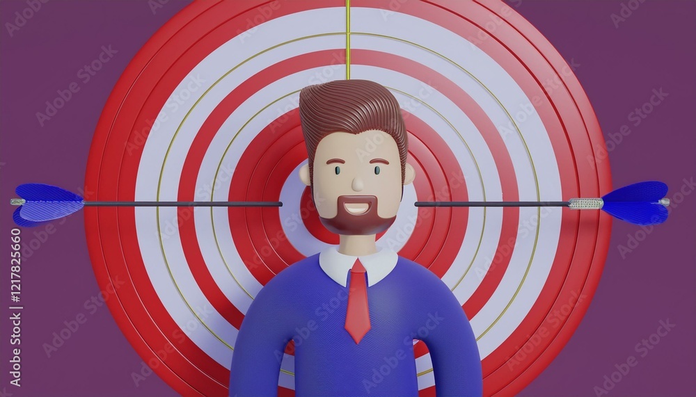 Poster 3d render of a businessman standing in the center of a target with two arrows hitting the bullseye. 