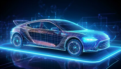 futuristic car rendered with glowing blue lines, displayed on a glowing blue surface, showcasing the concept of a digital car of the future. The car is rendered with realistic detail.