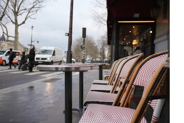 Rainy Paris street with empty wicker cafe chairs and table outside a bistro