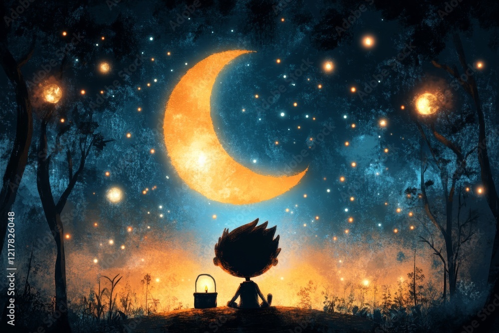 Poster a pixel art depiction of a small character sitting alone under a pixelated moon, surrounded by a dar