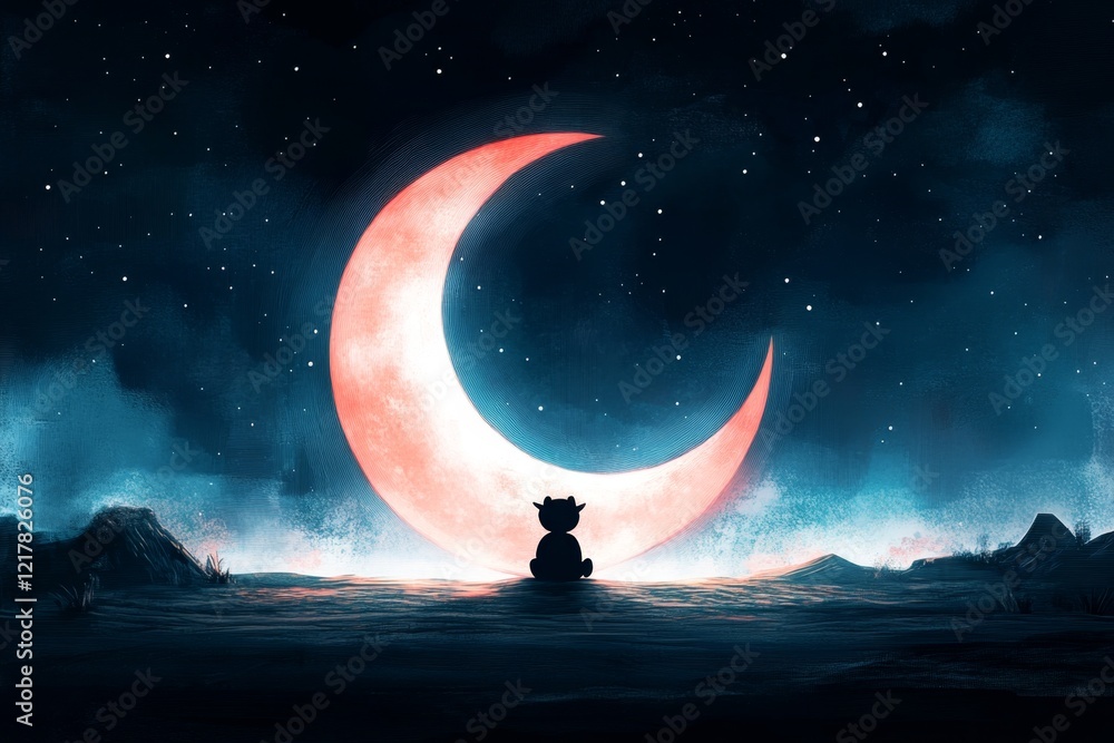 Poster a pixel art depiction of a small character sitting alone under a pixelated moon, surrounded by a dar