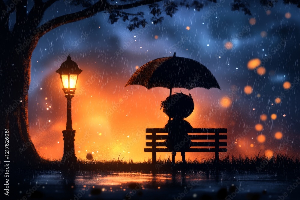 Aufkleber a pixel art depiction of a small character sitting on a bench under a streetlight, with falling rain
