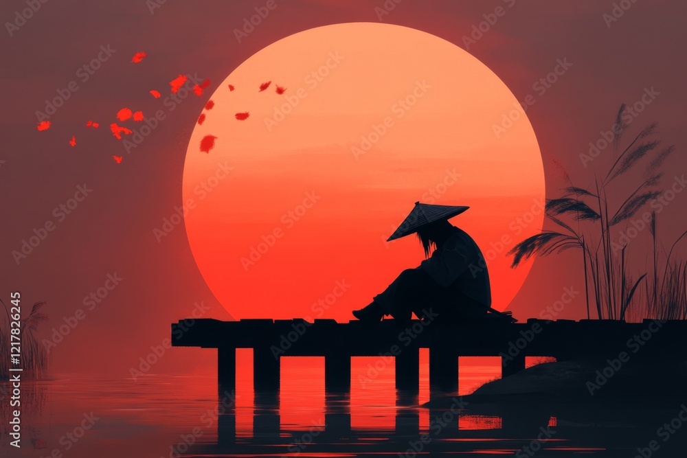 Aufkleber a pixel art scene of a small character sitting on the edge of a pixelated dock, with tiny ripples in