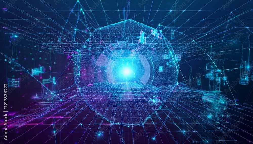 Poster abstract digital sphere glowing with bright blue light in the center of a network of lines and dots.
