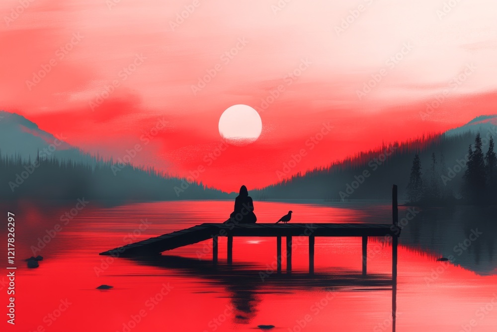 Poster A pixel art scene of a small character sitting on the edge of a pixelated dock, with tiny ripples in the water and a fading sunset creating a melancholic atmosphere