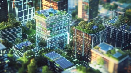 Obraz premium An intricate hologram displaying layered urban layers highlighting sustainable green roofs and solar panels on skyscrapers promoting ecofriendly architecture.