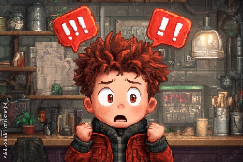 Poster A pixel art scene of a tiny character stomping in anger, with animated red symbols like 