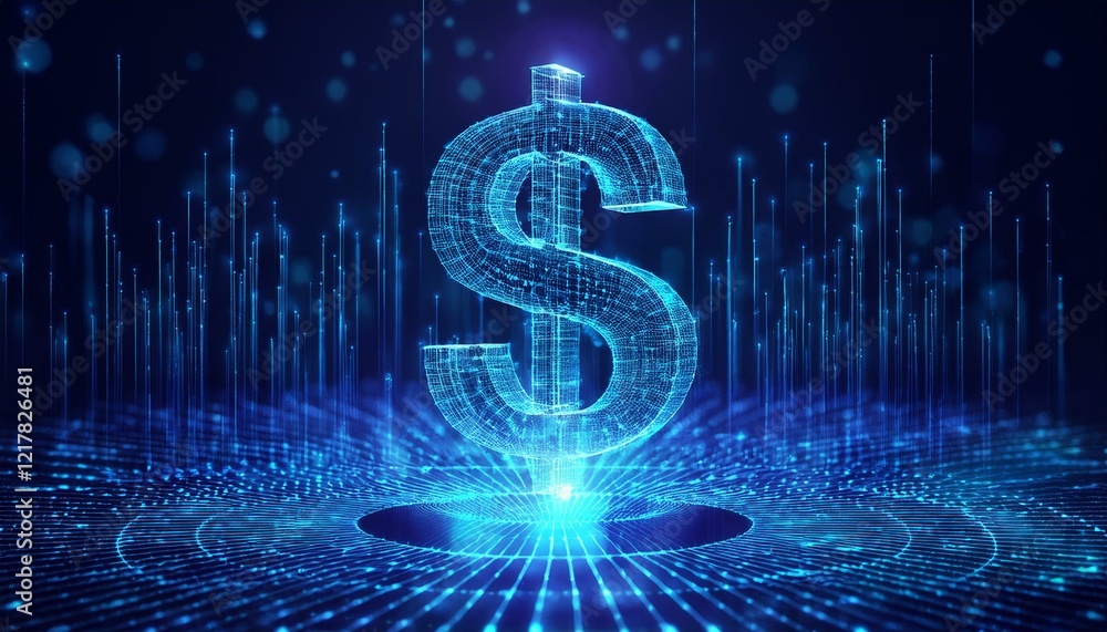 Poster a large digital dollar sign glows in the center of the image, surrounded by abstract blue lines, res
