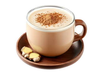 Cup of masala chai topped with ginger powder on transparent background for promoting cafes, menus, or recipe blogs, drink advertisements, or social media content. Masala, tea with milk and spices