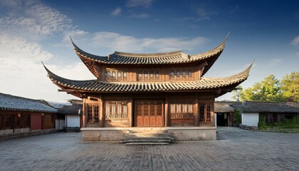 Obraz premium an ancient traditional chinese architecture with curved roof and wooden structure, under a clear blue sky 