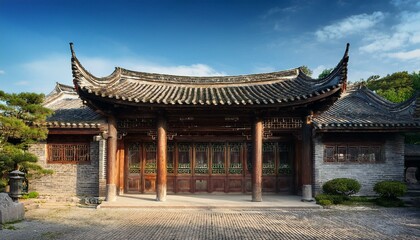 Fototapeta premium a traditional Chinese house with a curved roof and wooden pillars. The house is surrounded by lush greenery and has a peaceful and serene atmosphere.