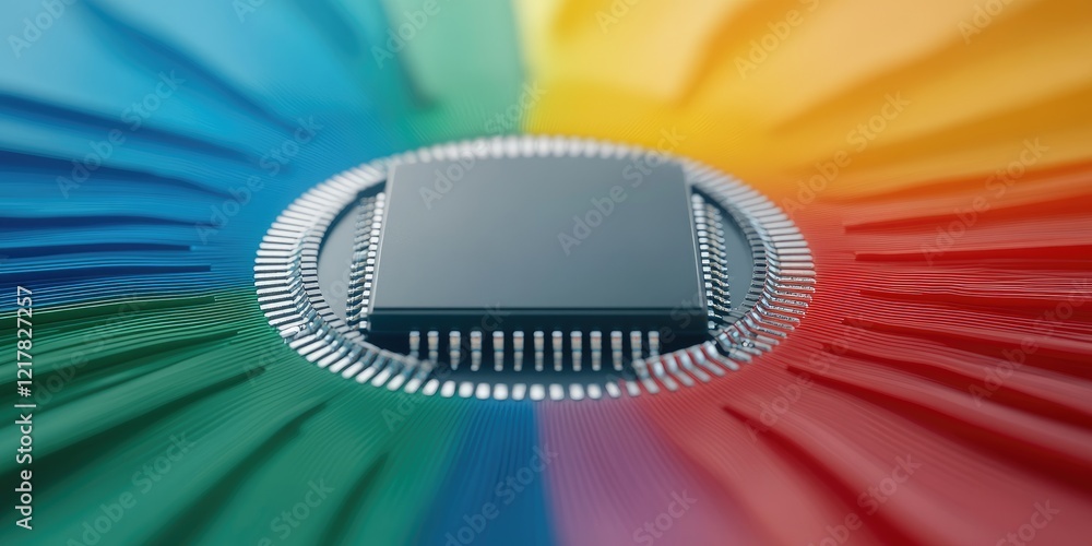 Poster colorful circuit design with a central microchip, symbolizing technology and innovation.