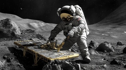 Astronaut repairing lunar equipment, moon surface, space background, science fiction