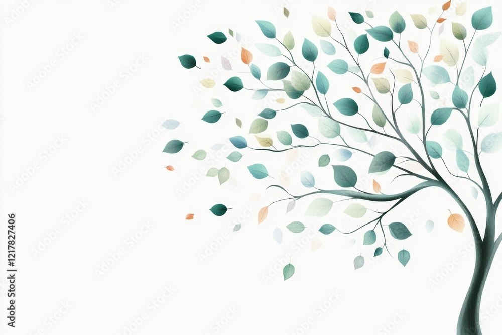 Poster a simple line-art illustration of a serene tree with falling leaves, drawn in soft green tones on a 