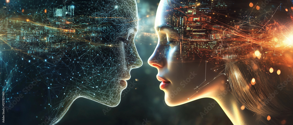 Poster a futuristic amalgamation of ai and humanity, digital networks and a cyberpunk city. background arti