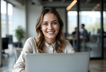 A smiling young businesswoman sits at her laptop in a modern office, coworkers blurred in background. She's wearing a white shirt. The scene is bright and professional.