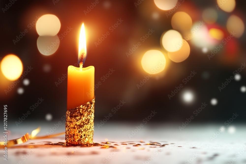 Poster A single candle burning on a table in a dark room, its flickering flame the only source of light