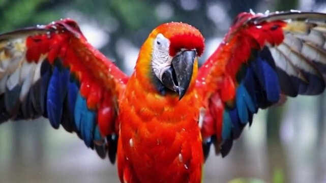 Vibrant scarlet macaw, wings spread wide, colorful plumage, blue and red feathers, sharp beak, closeup portrait, jungle background, blurred foliage, high detail, wildlife photography, exotic bird, maj
