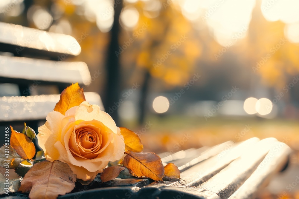 Poster a single rose lying on an empty park bench, its petals beginning to wilt under the soft afternoon li