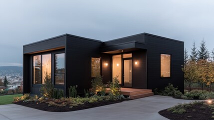 Modern Black Minimalist House with Warm Lighting and Landscaping