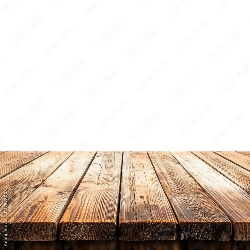 Poster a simple wooden table top ready for artistic product display in a bright environment, a blank empty 