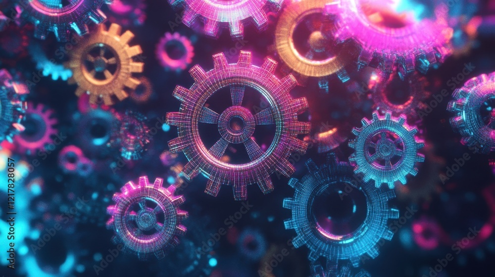 Poster glowing digital gears rotate in harmony, symbolizing intricate mechanisms and teamwork while creatin