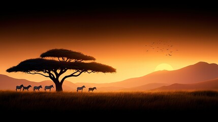   A field of grass with an assortment of animals perched atop it, adjacent to a sunlit tree in the distance