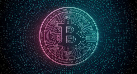 bitcoin crypto currency digital technology on circuit board .blue dark background. 